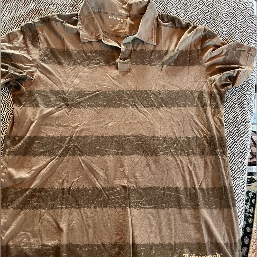 Life is Good Shirt Mens Large Brown Striped Polo Short Sleeve Cotton Soft